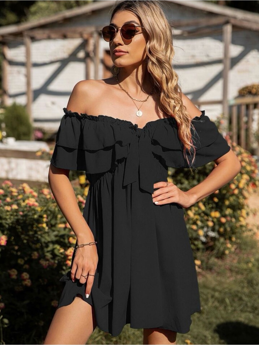 Black Off-Shoulder Ruffle Tie-Front Mini Dress - Picture 2 of 5